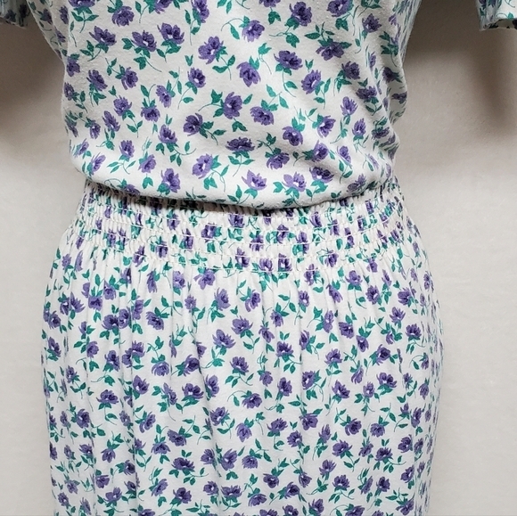 VINTAGE 80s Jordan Michaels Calico Ditsy Floral Short Sleeve Stretchy Midi Dress - Picture 7 of 15